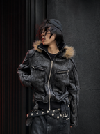 MULTI-ZIPPER REMOVABLE FUR COLLAR CRACKED LEATHER JACKET