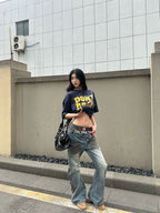 DOUBLE WAIST EMBROIDERY SLIM WASHED BLUE JEANS