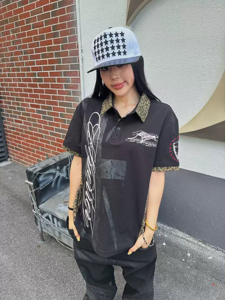 PRINTED AND LEOPARD-PRINT PANEL POLO SHIRT