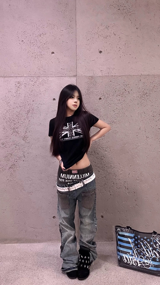 DOUBLE WAIST EMBROIDERY SLIM WASHED BLUE JEANS