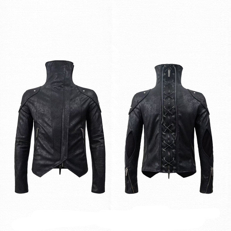 DARKRTPTS DARK ASYMMETRIC PANEL STAND-COLLAR SLIM-FIT DRAWSTRING LEATHER JACKET