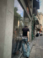 DOUBLE WAIST EMBROIDERY SLIM WASHED BLUE JEANS
