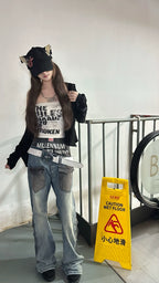 DOUBLE WAIST EMBROIDERY SLIM WASHED BLUE JEANS