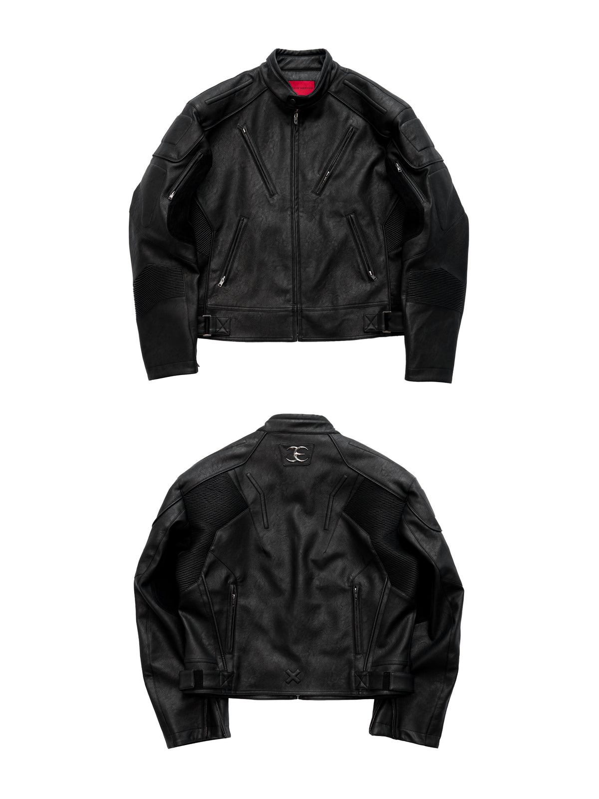 HEAVYWEIGHT ZIPPER OVERSIZED PADDED‑SHOULDER MOTOR LEATHER JACKET