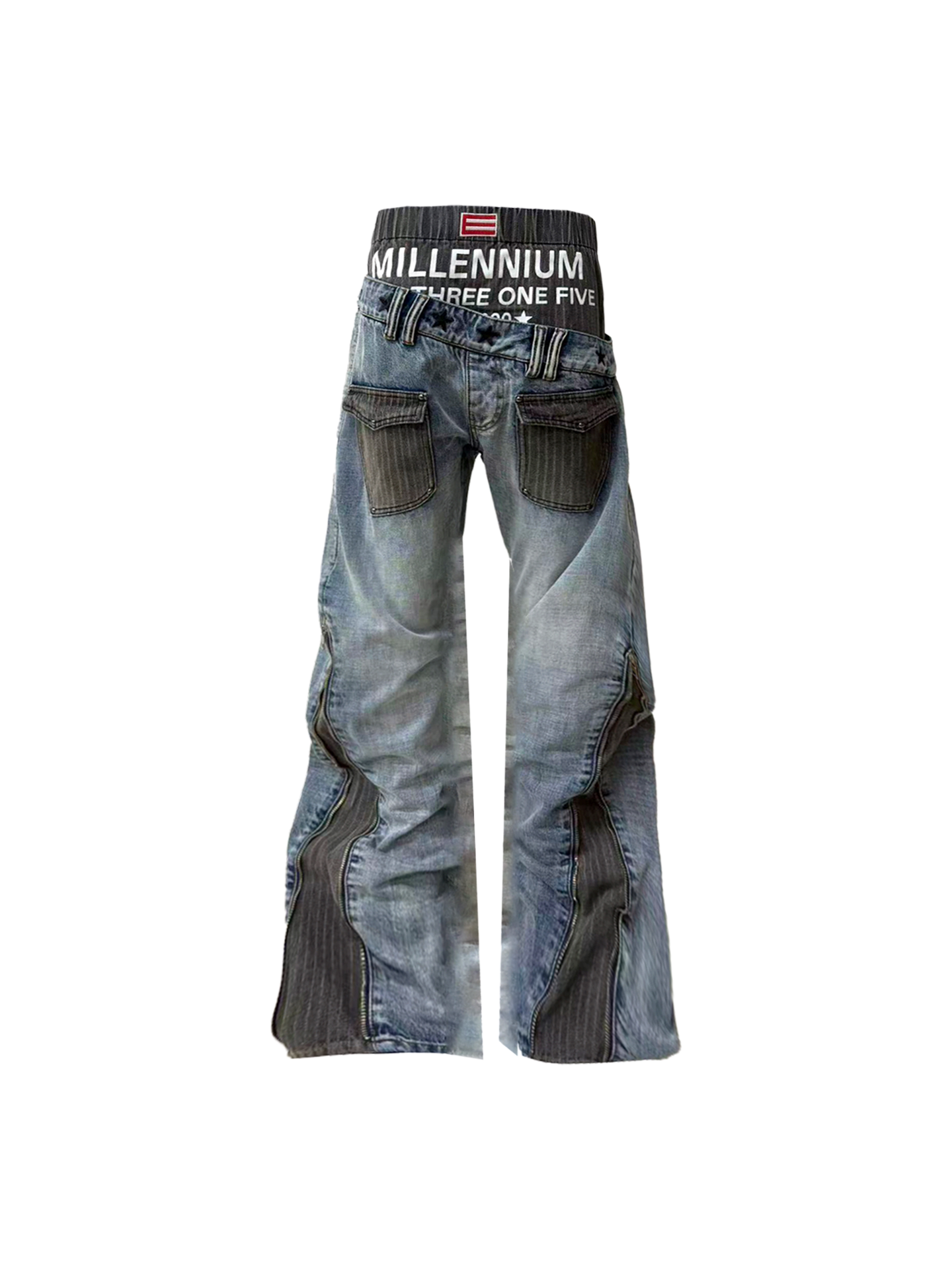 DOUBLE WAIST EMBROIDERY SLIM WASHED BLUE JEANS