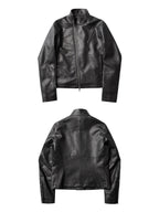 HEAVY‑DUTY DIAGONAL PLACKET DARK HIGH‑COLLAR LEATHER JACKET