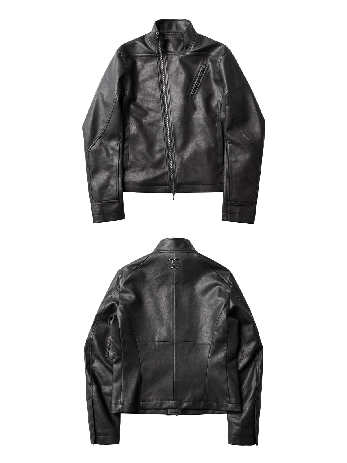 HEAVY‑DUTY DIAGONAL PLACKET DARK HIGH‑COLLAR LEATHER JACKET