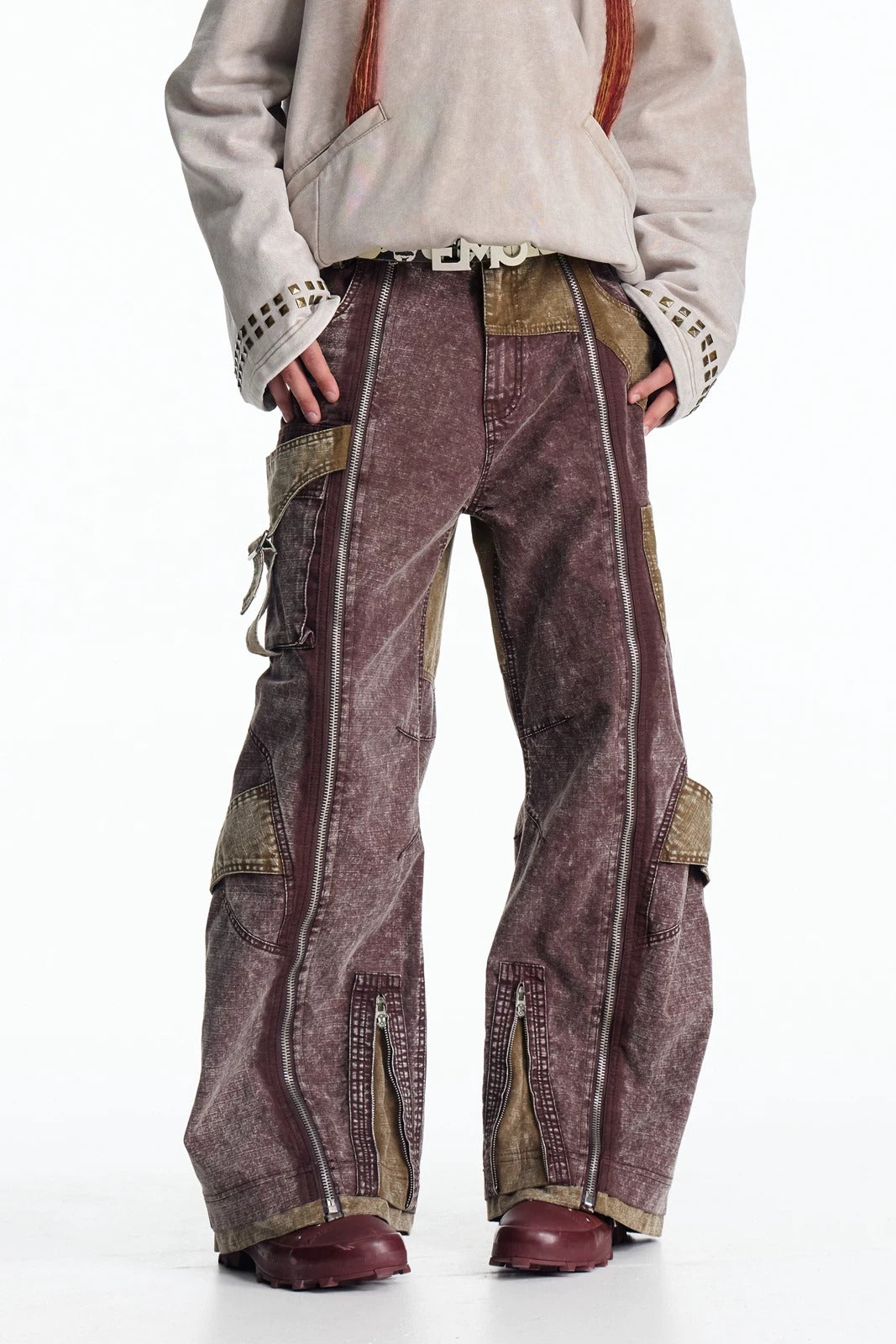 VINTAGE IRREGULAR MOTTLED TEXTURE EMBROIDERED MULTI-POCKET PANTS