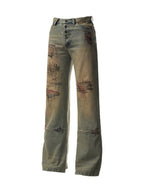 VINTAGE YELLOW MUD DYED DESTROYED MENDED EMBROIDERED STRAIGHT LEG JEANS
