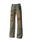 VINTAGE YELLOW MUD DYED DESTROYED MENDED EMBROIDERED STRAIGHT LEG JEANS