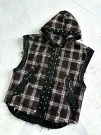 HEAVY-DUTY RIVET PLAID DIRTY WASHED SLEEVELESS HOODED VEST