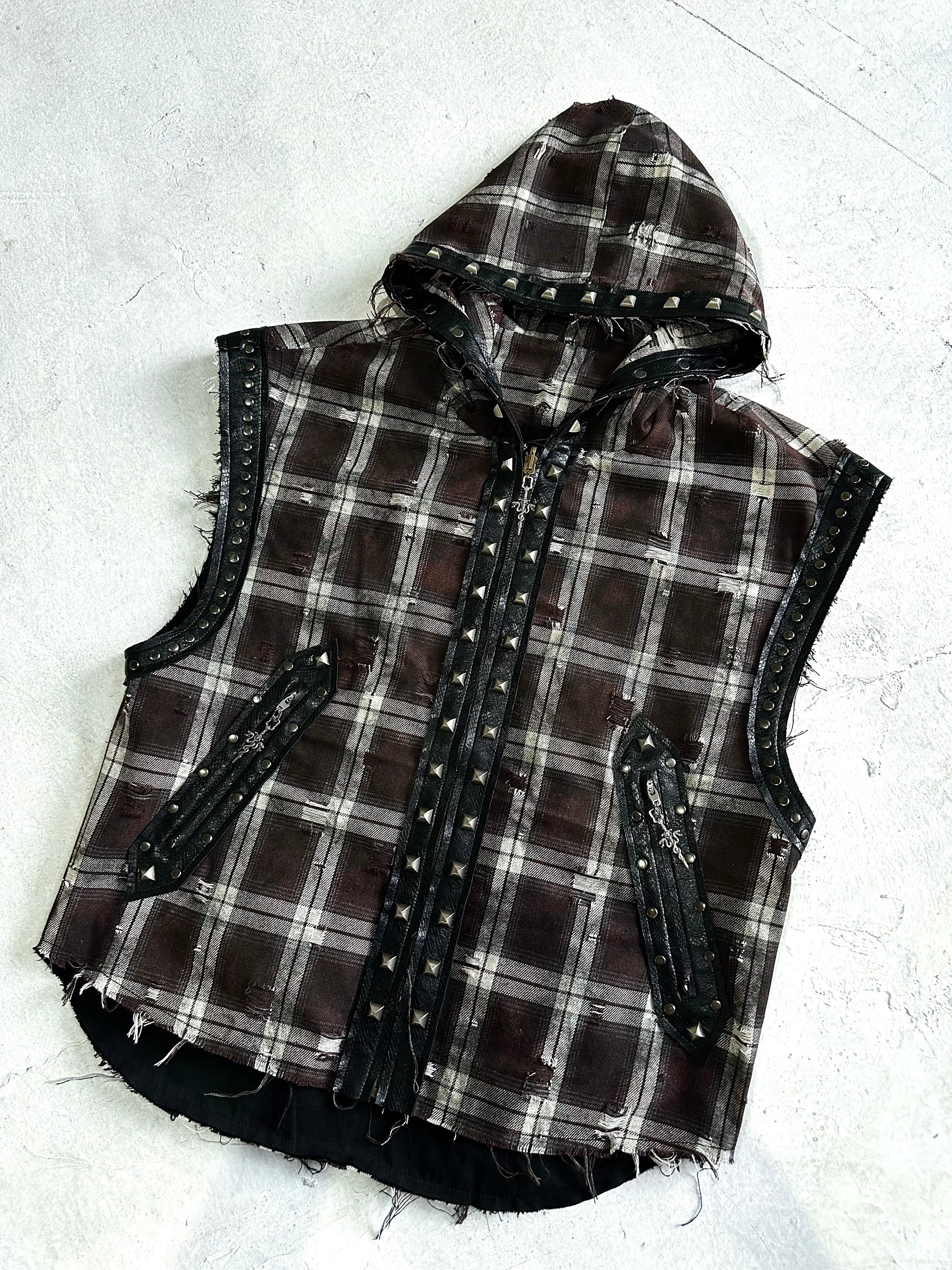 HEAVY-DUTY RIVET PLAID DIRTY WASHED SLEEVELESS HOODED VEST