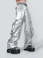 PUNK SILVER CARGO SHINY COATED WIDE STRAIGHT LEG PANTS