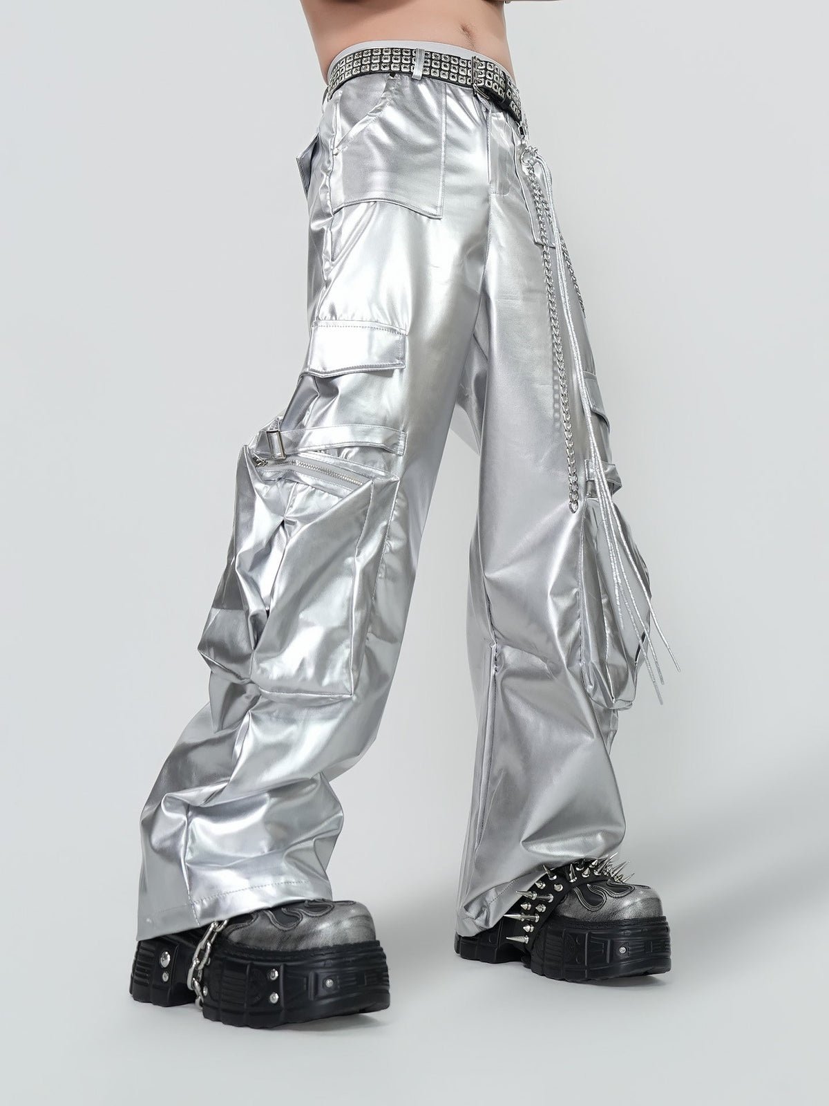PUNK SILVER CARGO SHINY COATED WIDE STRAIGHT LEG PANTS