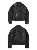 HEAVY‑DUTY WAXED LAPEL COLLAR DUAL‑ZIPPER CROPPED WIDE TWILL BIKER JACKET