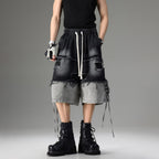 DISTRESSED RAW-EDGE PATCHWORK DENIM SHORTS