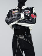 VINTAGE BIKER PU LEATHER EMBROIDERED STAND COLLAR CROPPED RACING JACKET