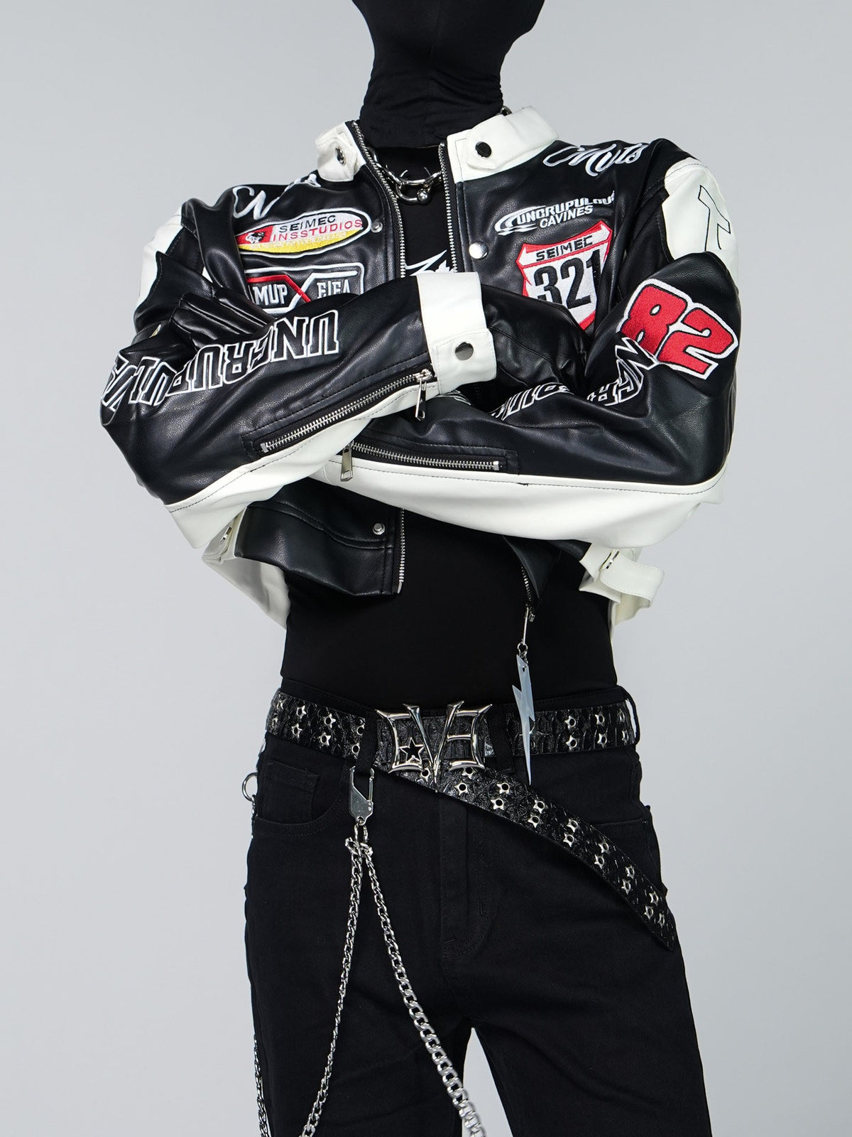 VINTAGE BIKER PU LEATHER EMBROIDERED STAND COLLAR CROPPED RACING JACKET
