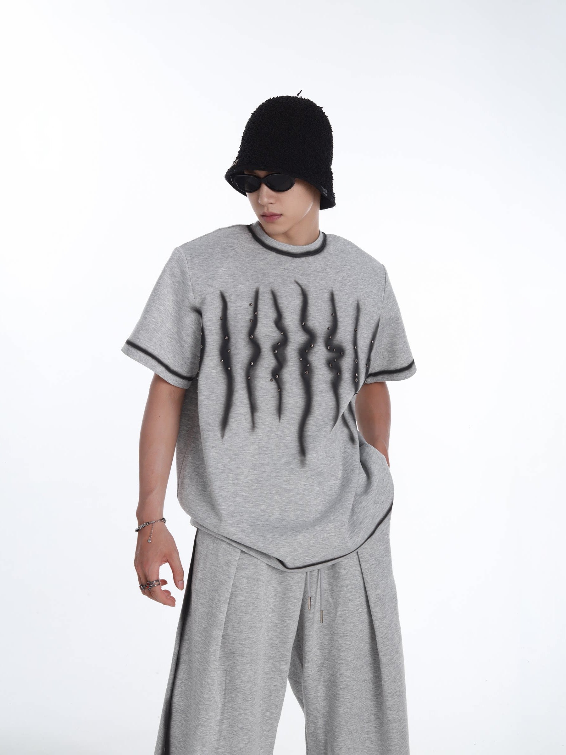 MEN'S RIVET WAVE PATTERN CASUAL COOL STREETWEAR T-SHIRT SET
