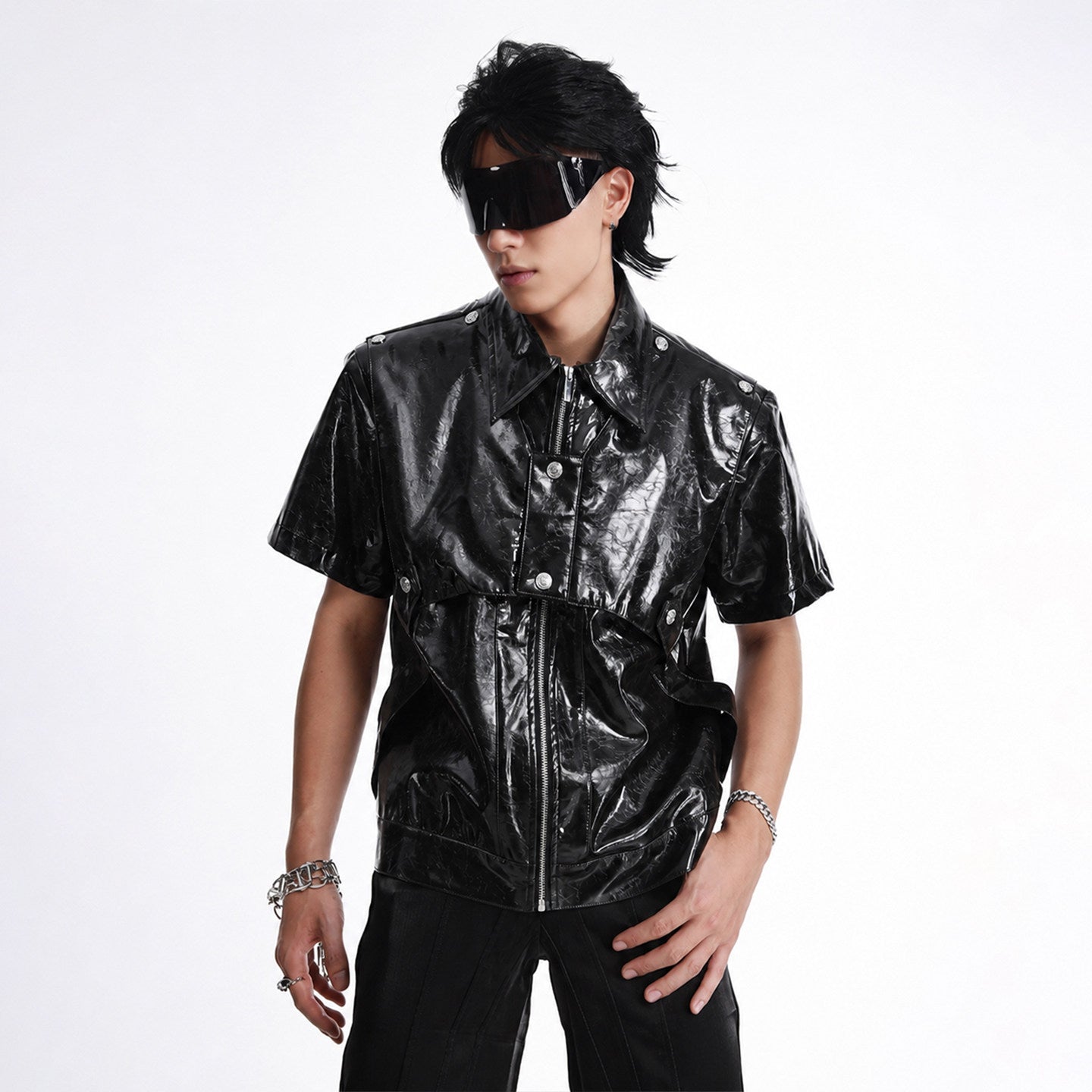 DARK PATCHWORK COLLARED LEATHER T-SHIRT Secondary image