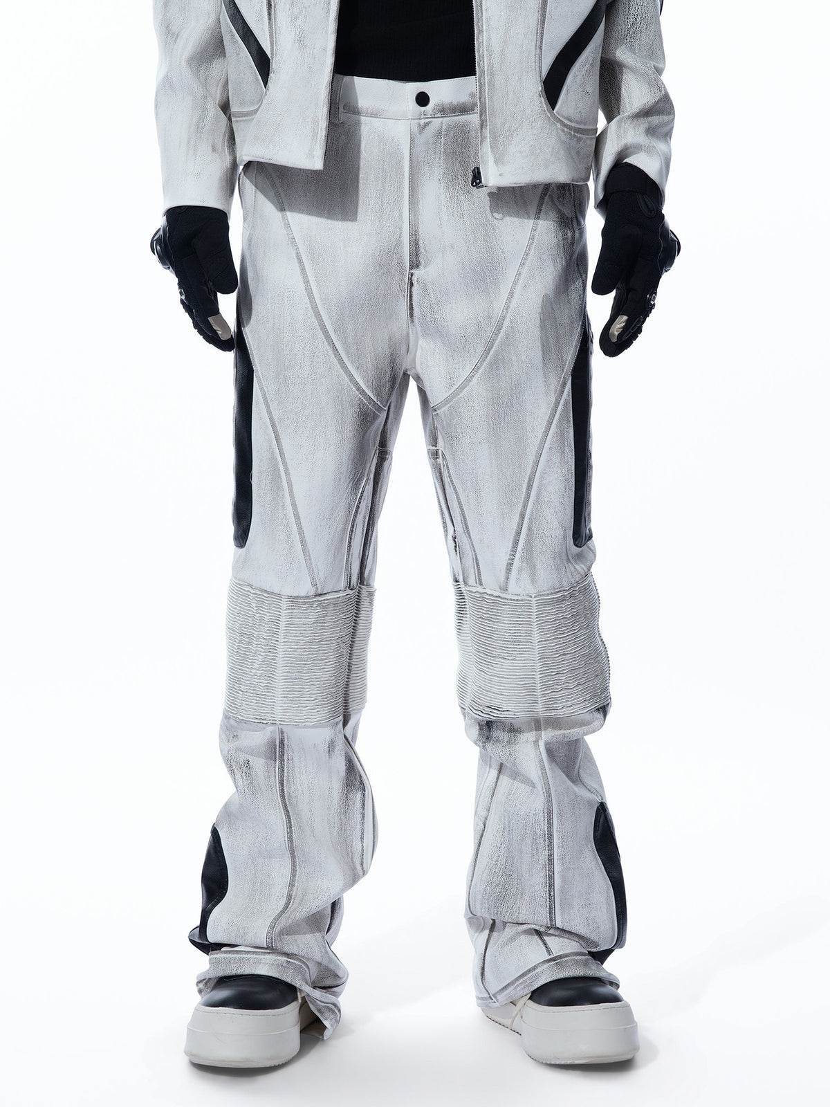 WASHED HIGH‑STREET NICHE SPLICED TECHWEAR GREY FAUX LEATHER SET