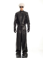MEN'S BIKER STYLE GRADIENT CROPPED PUNK LEATHER JACKET SET