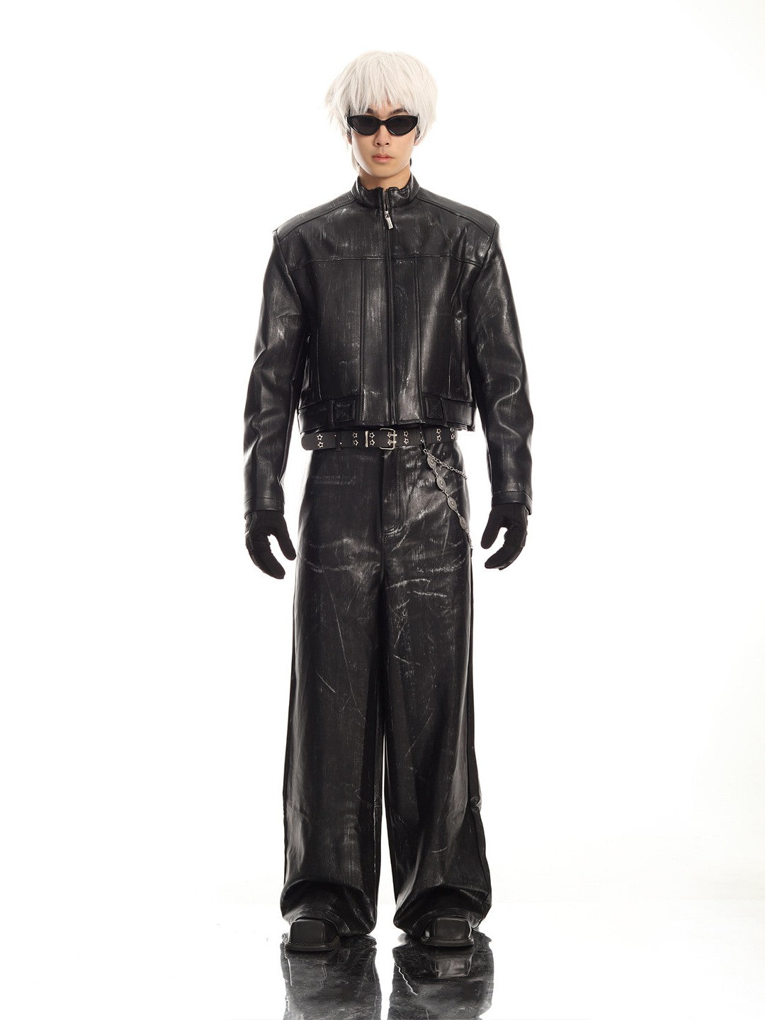 MEN'S BIKER STYLE GRADIENT CROPPED PUNK LEATHER JACKET SET