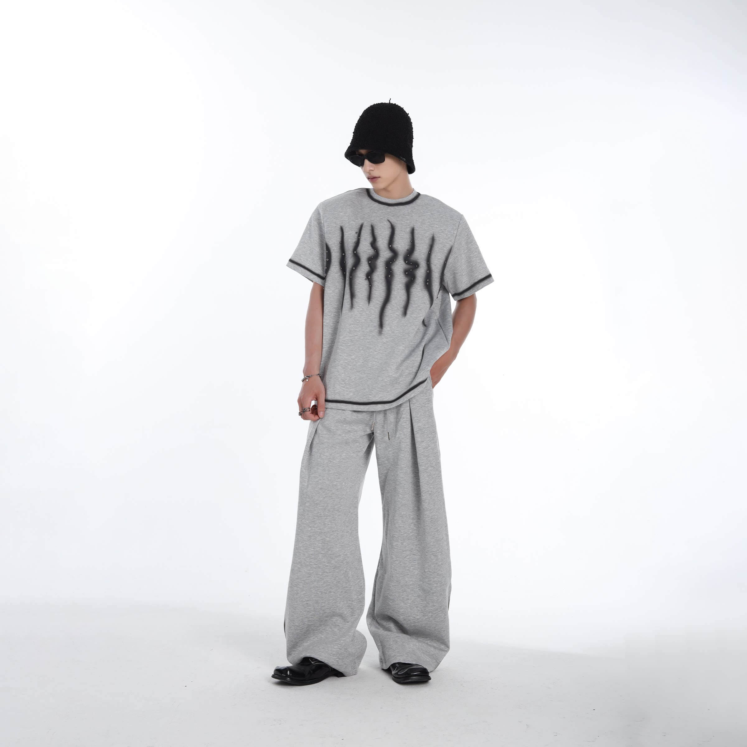 MEN'S RIVET WAVE PATTERN CASUAL COOL STREETWEAR T-SHIRT SET