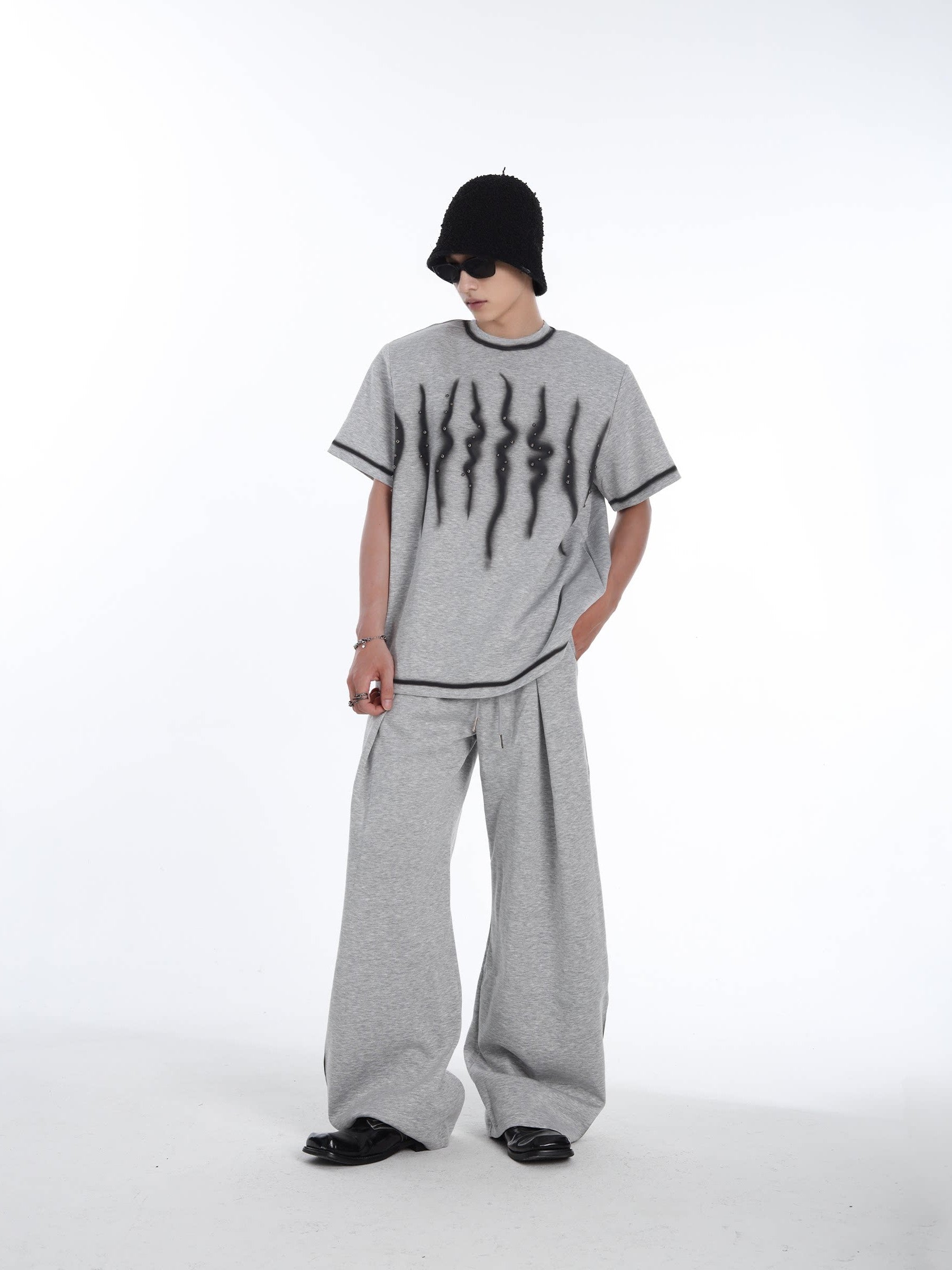 MEN'S RIVET WAVE PATTERN CASUAL COOL STREETWEAR T-SHIRT SET