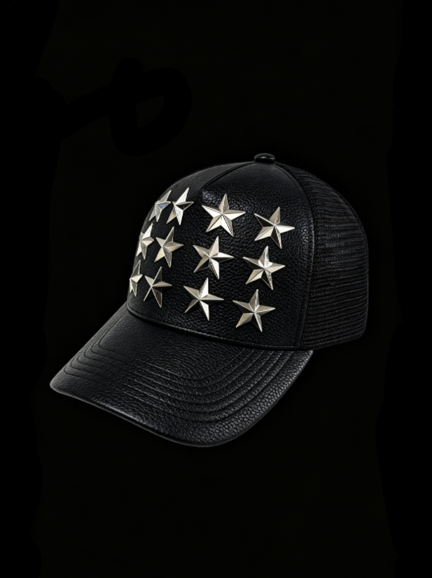 STAR RIVET LITCHI LEATHER CURVED BRIM TRUCKER HAT