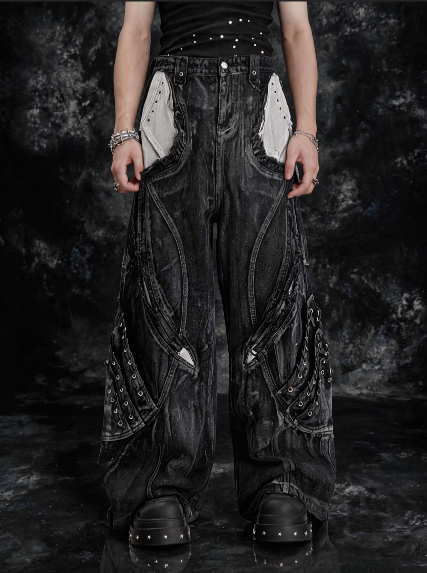 HEAVY-DUTY DRAGON SCALE 3D RAW-EDGE PATCHWORK WASHED JEANS Secondary image