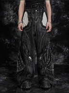 HEAVY-DUTY DRAGON SCALE 3D RAW-EDGE PATCHWORK WASHED JEANS