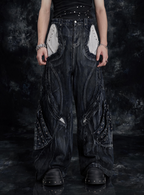 HEAVY-DUTY DRAGON SCALE 3D RAW-EDGE PATCHWORK WASHED JEANS