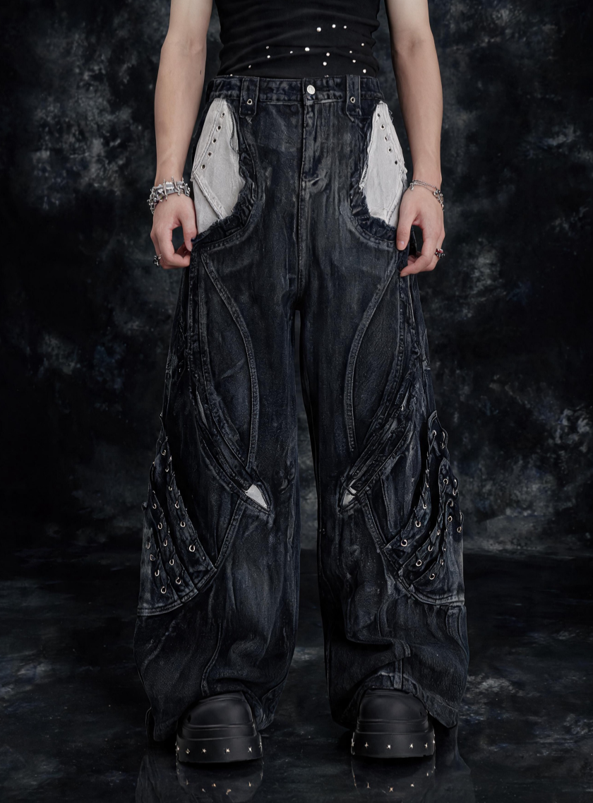 HEAVY-DUTY DRAGON SCALE 3D RAW-EDGE PATCHWORK WASHED JEANS