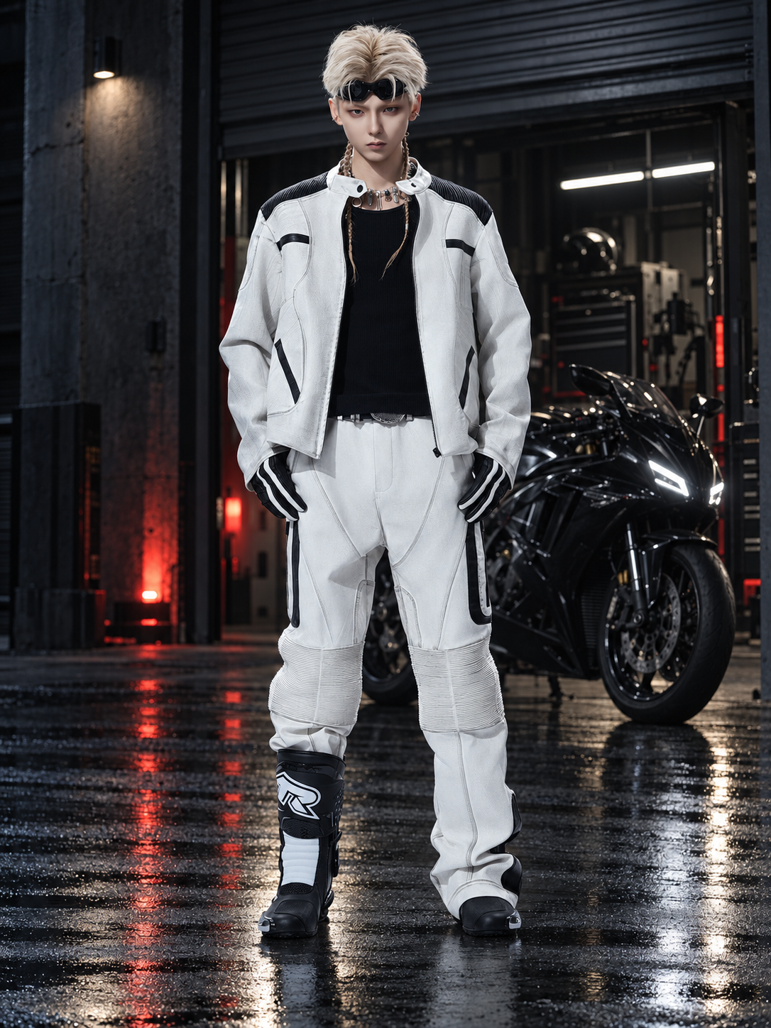 WASHED HIGH‑STREET NICHE SPLICED TECHWEAR GREY FAUX LEATHER SET