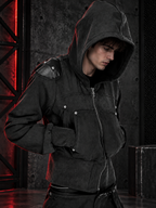 WASHED FAUX LEATHER ARMOR‑SHOULDER MULTI‑POCKET HOODIE