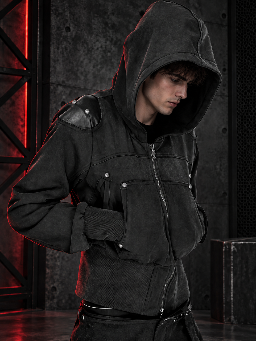 WASHED FAUX LEATHER ARMOR‑SHOULDER MULTI‑POCKET HOODIE