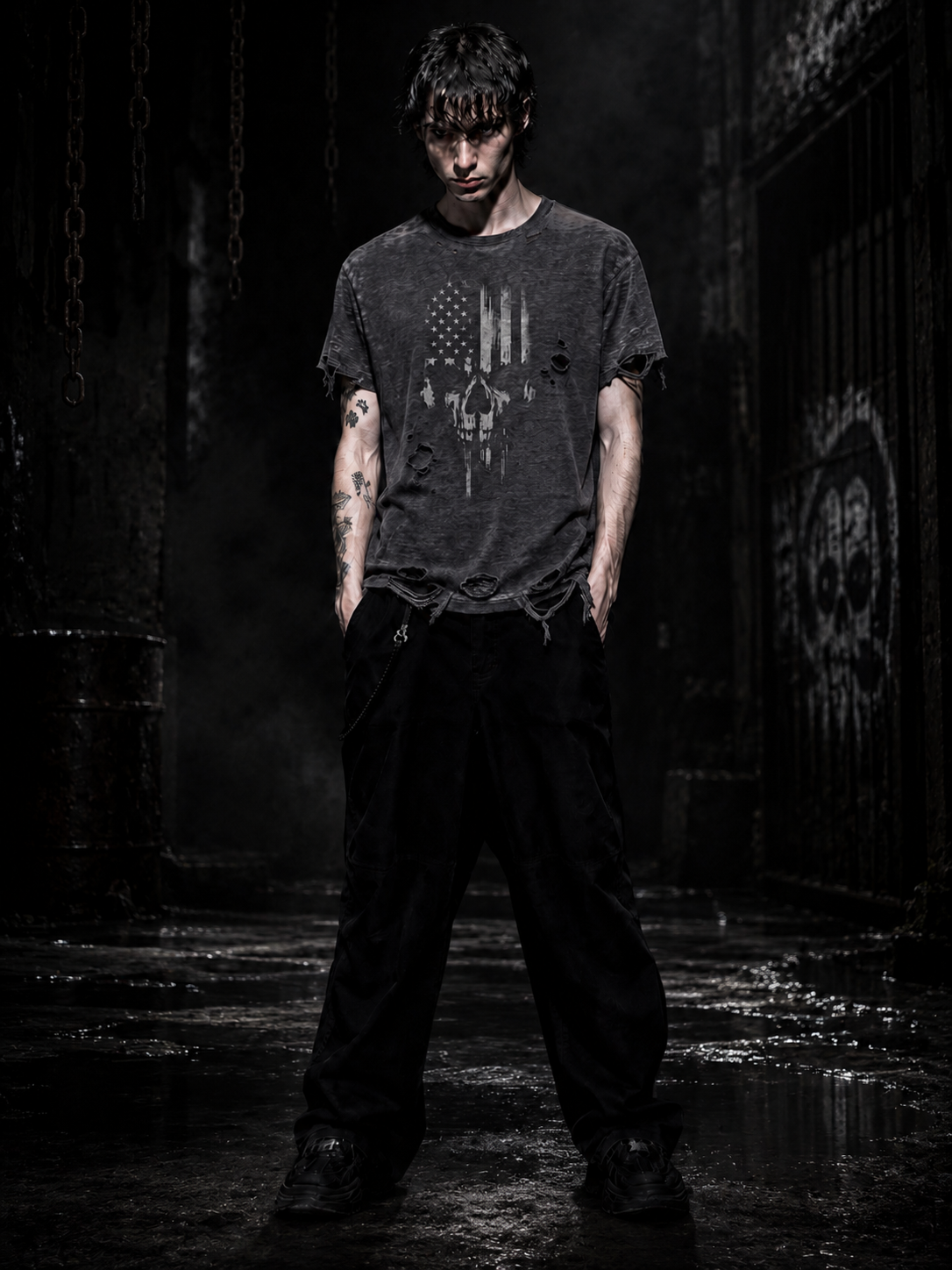 DISTRESSED PRINT RIPPED T-SHIRT