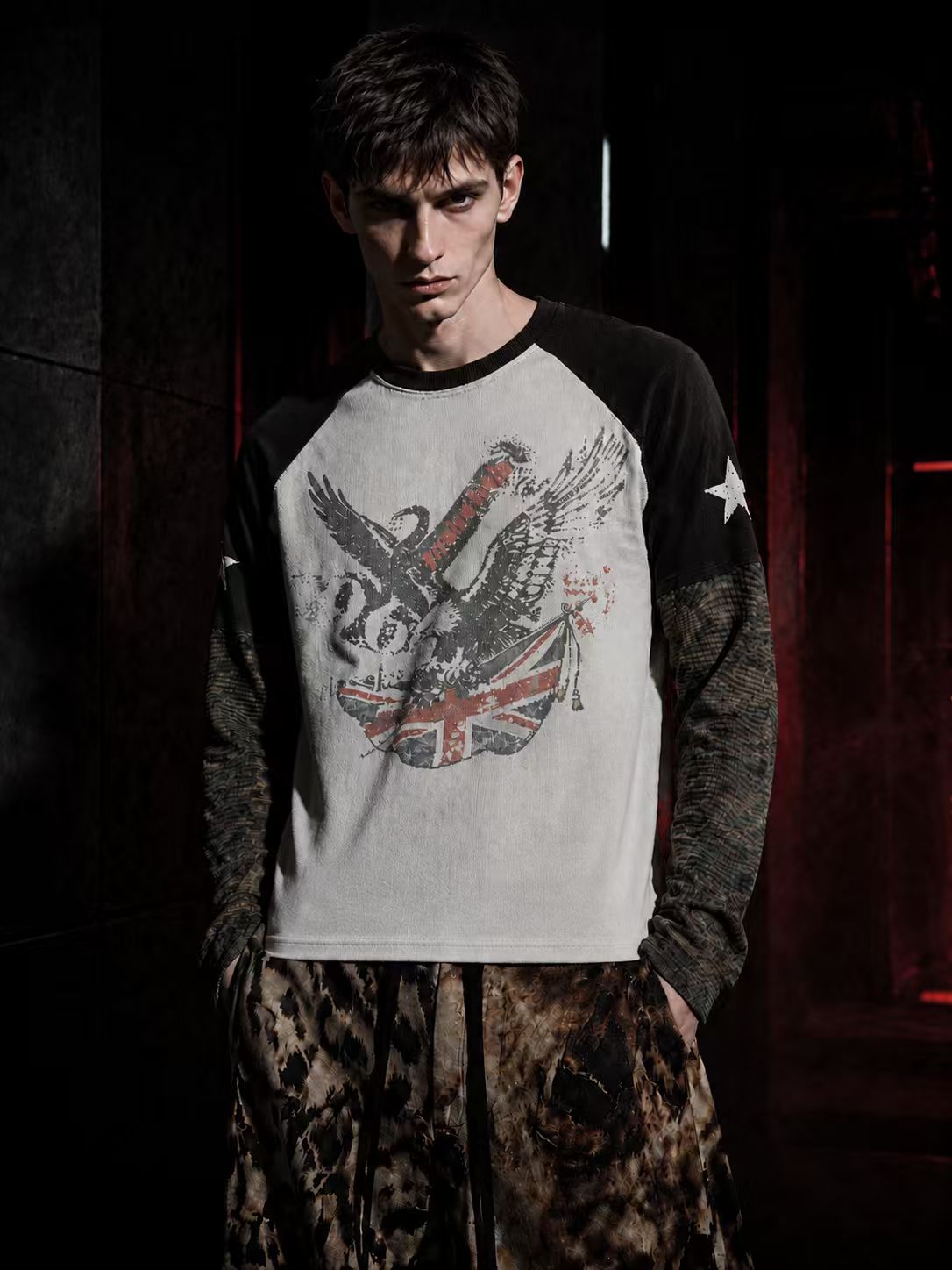 EAGLE & FLAG PATCHWORK CAMO DISTRESSED WASHED LONG-SLEEVE TOP Main image
