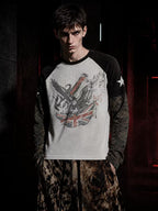EAGLE & FLAG PATCHWORK CAMO DISTRESSED WASHED LONG-SLEEVE TOP