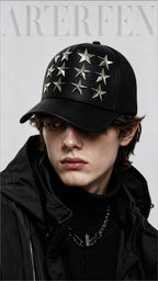 STAR RIVET LITCHI LEATHER CURVED BRIM TRUCKER HAT