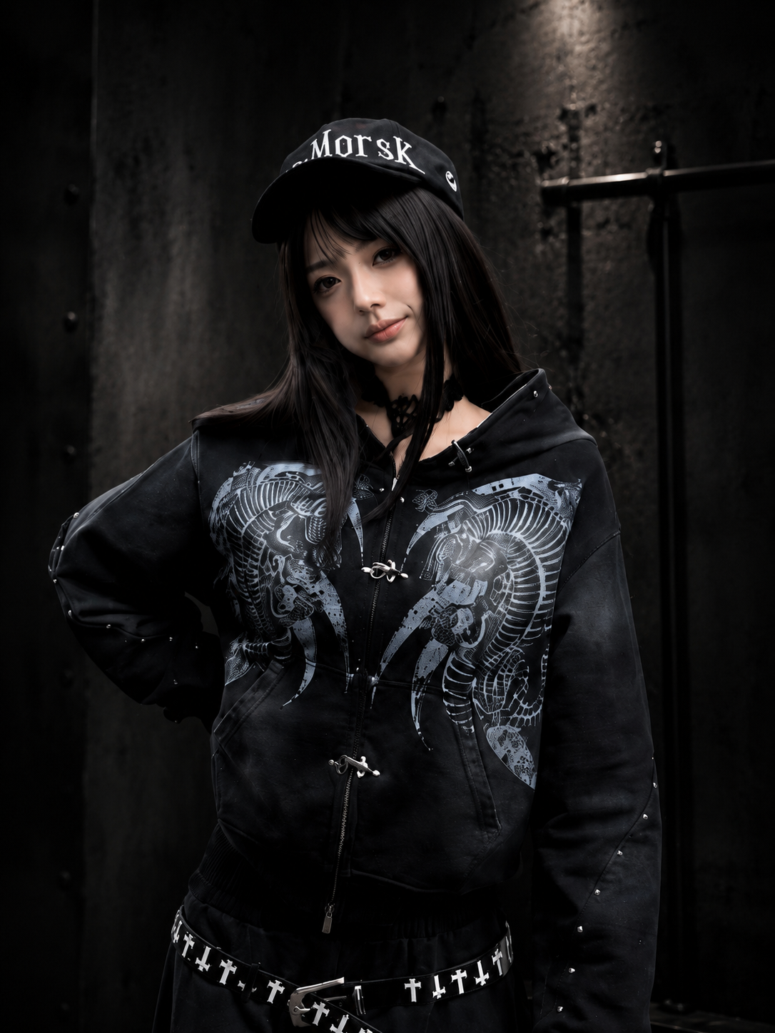 DOUBLE‑CROCODILE SHARK RIVET WASHED BOXY HOODIE Main image