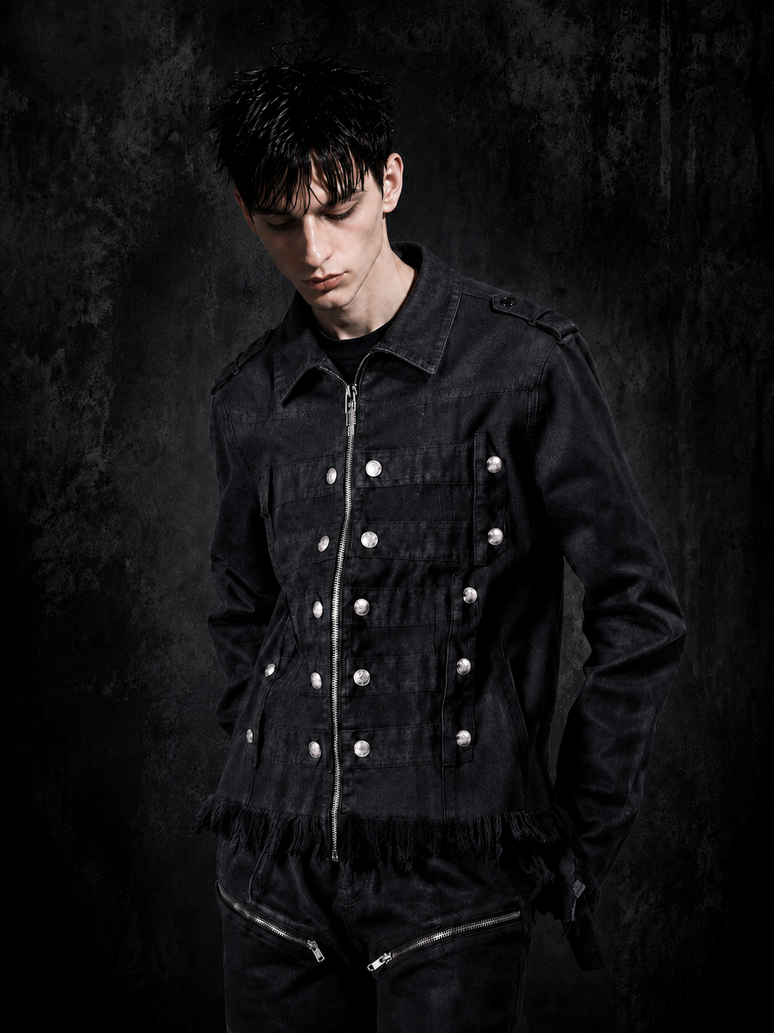 WAXED DENIM DISTRESSED HEM COAT JACKET “NAPOLEON COURT”