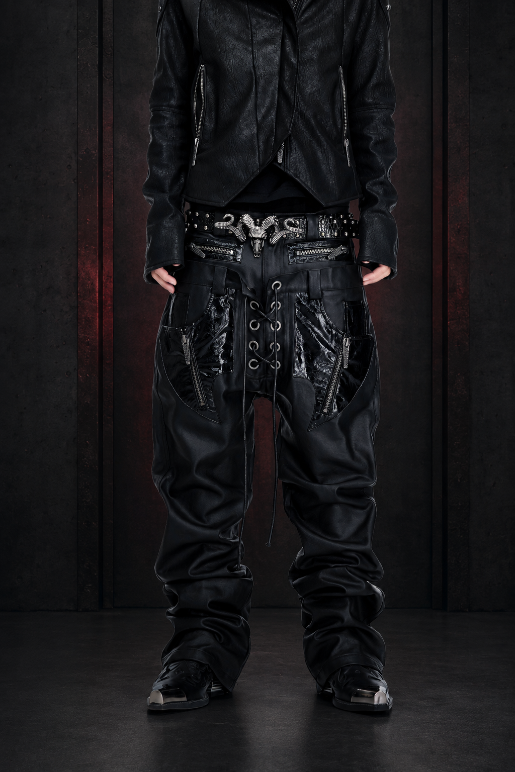 NICHE DOUBLE WAISTBAND PU SPLICED DRAWSTRING ZIPPER COATED JEANS