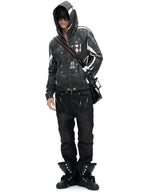 Cemetery urban pant with contrast stitch adopts loose straight silhouette and bold contrasting stitching outlines, decorated with subtle cemetery-inspired graphic details. It merges dark gothic seasonal vibes with functional urban street design, durable fabric offers great comfort, easily matched for everyday outfits and spooky-season styling.