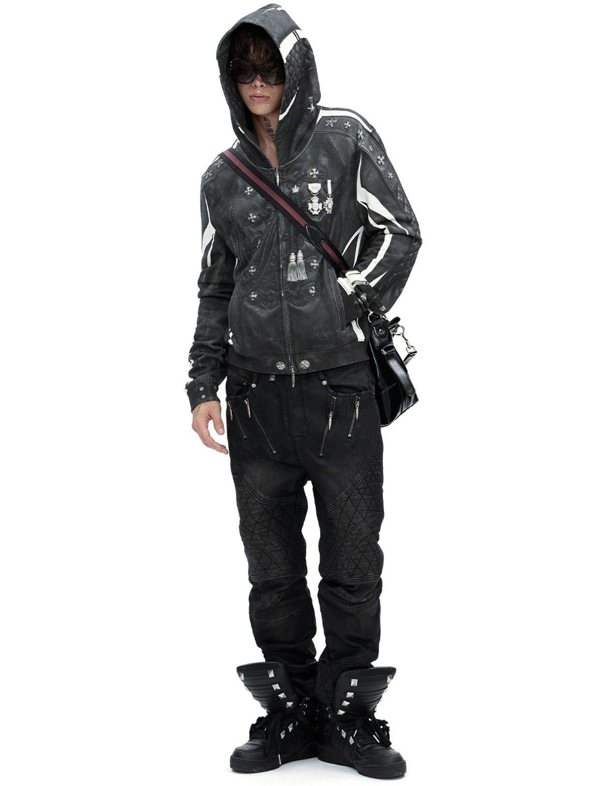 Cemetery urban pant with contrast stitch adopts loose straight silhouette and bold contrasting stitching outlines, decorated with subtle cemetery-inspired graphic details. It merges dark gothic seasonal vibes with functional urban street design, durable fabric offers great comfort, easily matched for everyday outfits and spooky-season styling.