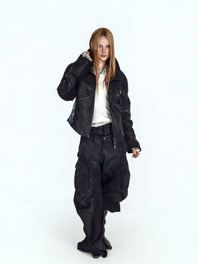 Crinkle fabric urban windbreaker uses textured crinkle material and lightweight silhouette for cool casual urban street outerwear.
