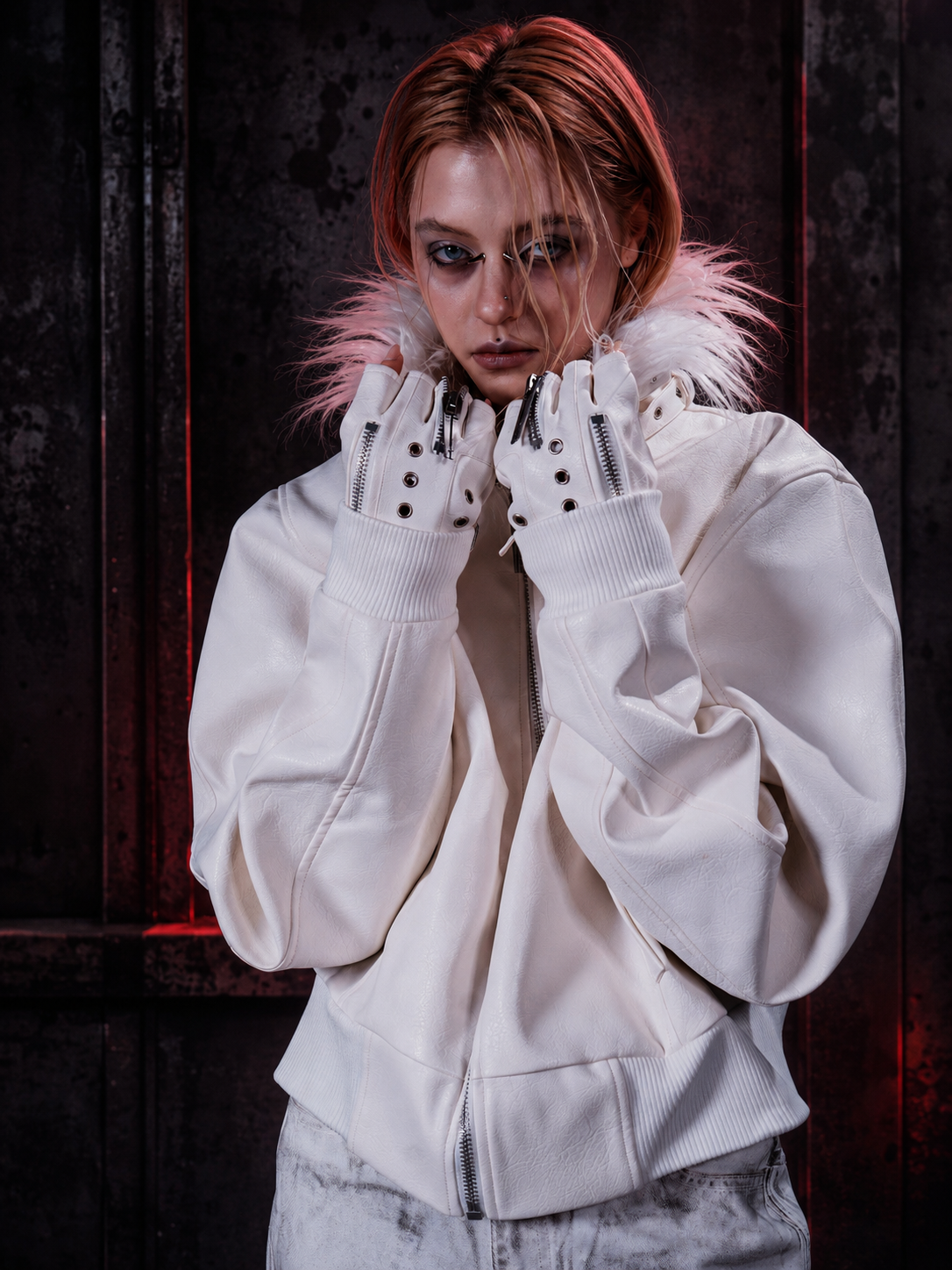 WHITE DEVIL FAUX FUR COLLAR LEATHER JACKET