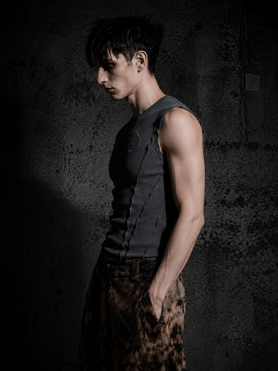 Dark monochrome edgy fashion wear, unified dark tone exudes cool mysterious vibe.