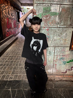 Mysterious dark-occult-symbol prints adorn this gothic hoodie. Mystic symbolic patterns paired with a loose drape shape deliver moody, shadowy alternative streetwear aesthetics.